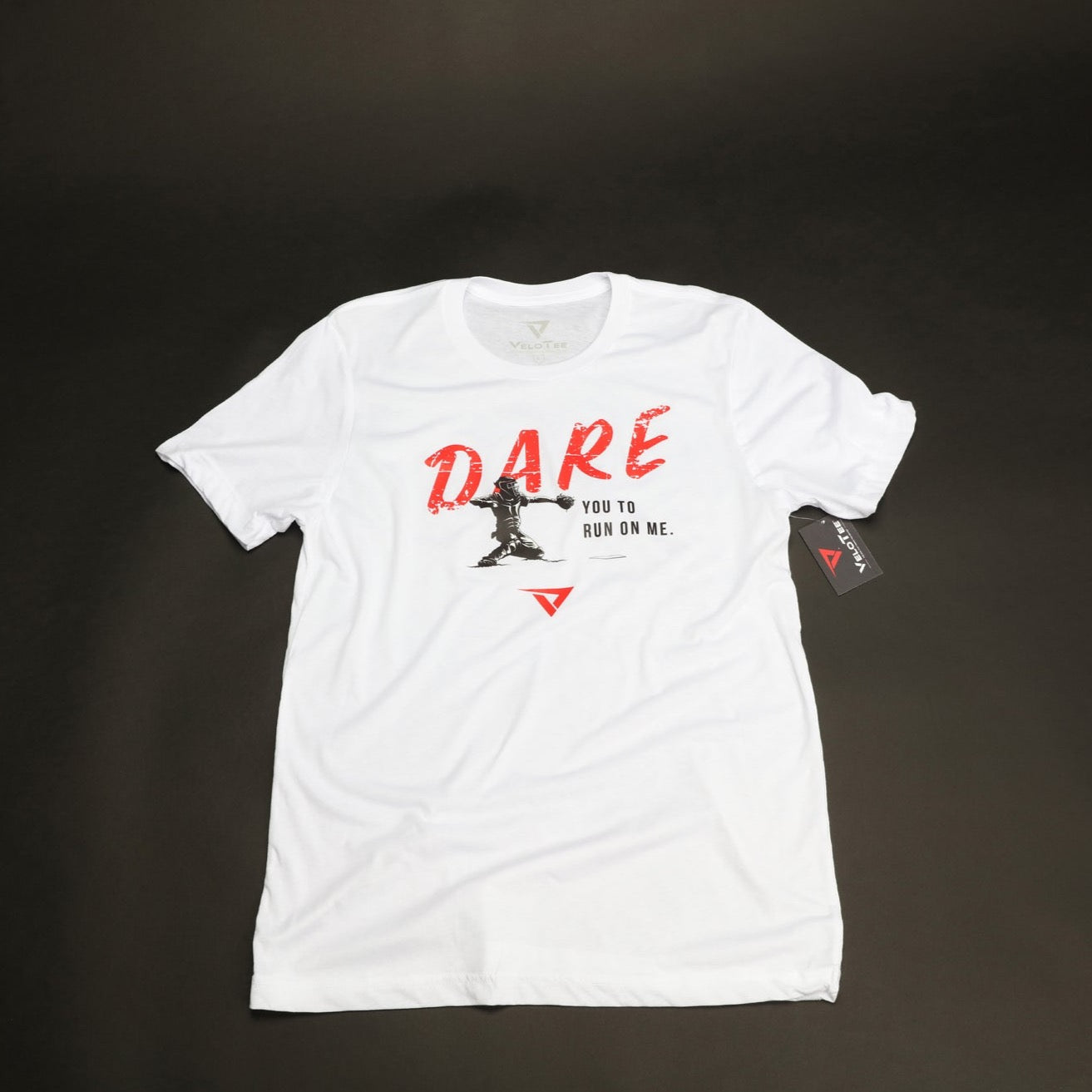 VeloTee DARE You To Run On Me Catchers T-shirt in the color White for Baseball and Softball. 